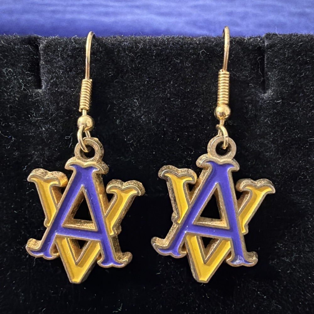 Amador Valley gold tone fishhook earrings Inlay Purple Yellow 1”